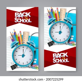 School banner background or gift card. Realistic 3d study supplies flyer or brochure set. Education concept. Vector illustration.