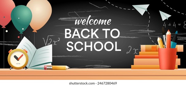 School banner. Black chalkboard, stack of books with alarm clock, balloons and stationery, pencils, notebook, vector illustration