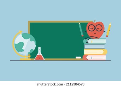 School banner with blackboard, stack of books, cartoon apple, globe, laboratory flask, pencils. Back to school. Happy teacher's day. Vector illustration.