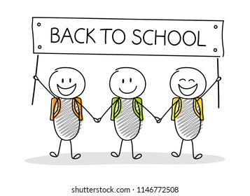 School banner with cartoon stickmen. Vector.