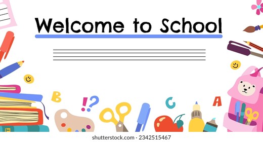 School banner cartoon. Vector hand drawn Illustration. Colorful template with school supplies for your learning design.