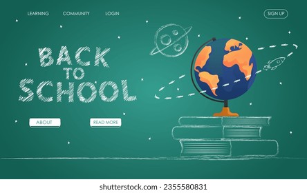 School banner. A cheerful back to school banner with a vivid cartoon design and a refreshing green background illustration of globus on the foreground. Vector illustration.