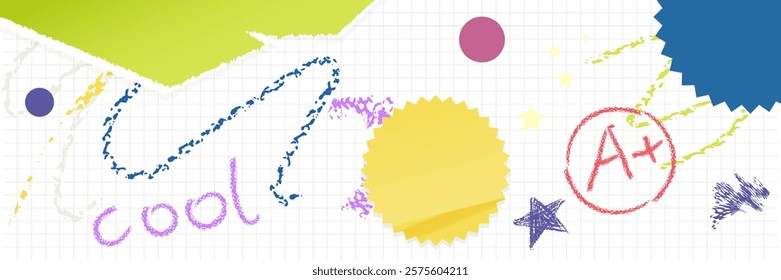 School banner collage. Concept of learning, education. Horizontal long background on a sheet of notebook with sticker and quilled paper, abstractions drawn with chalk. Background for a website, poster