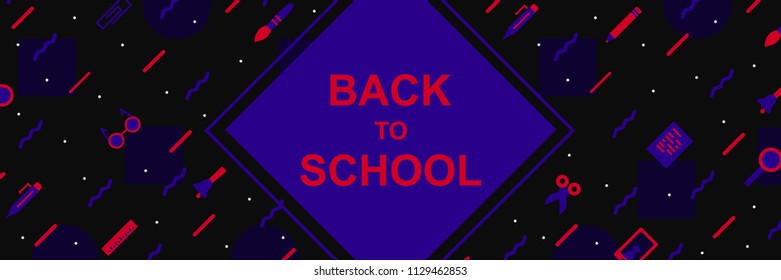 school banner colorful memphis style on black background with education supplies such us pen, book, phone, glass, ruler, pencil, brush, eraser, ball for poster, party, super sale offer. vector 10 eps