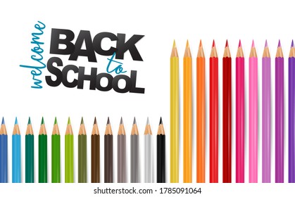 School banner. Coloring pencils on white background. 3d realistic illustration. 