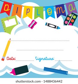 school banner design diploma with school supplies over cloud. vector illustration