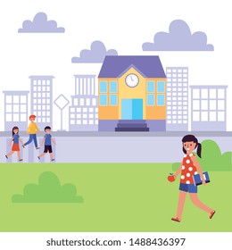 school banner design with landscape with students walking to school and grass. vector illustration