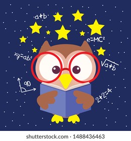 school banner design with owl reading over universe with stars and mathematical formulas. vector illustration