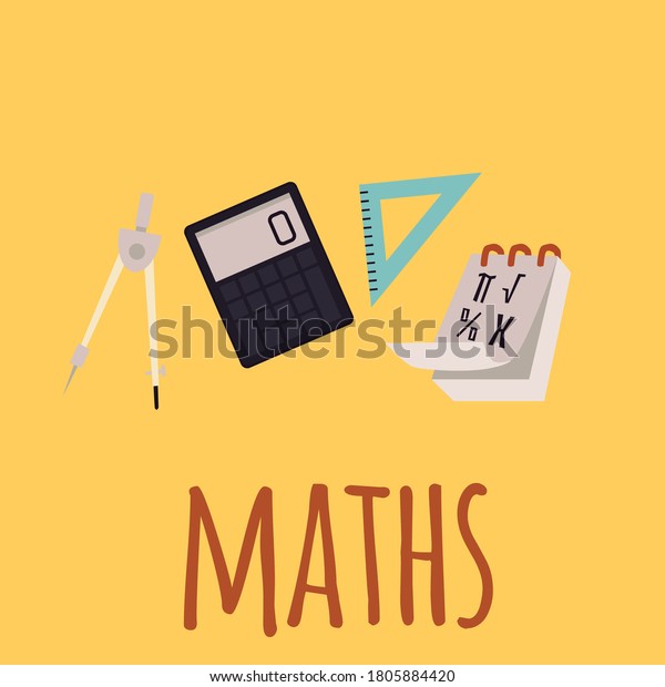 School banner design with
word maths and various stationery, flat vector illustration on
yellow background. Mathematics education and science discipline in
school.