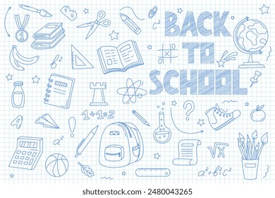 School banner with doodles drawn with pen on sheet of squared notebook paper. Hand drawn school supplies, stationery. Back to School banner, poster.