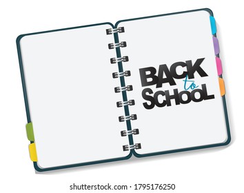 School banner. Education design concept with a spiral notebook and lettering. Realistic 3d vector illustration.