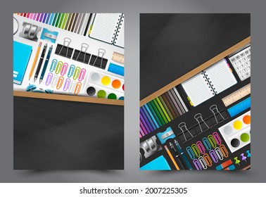 School banner, flyer or brochure set. Realistic 3d study supplies on black chalkboard background. Education concept. Vector illustration.