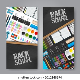 School banner, flyer or brochure set. Realistic 3d study supplies on black chalkboard background. Education concept. Vector illustration.