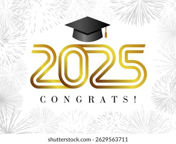 School banner for graduating event 2025. Prom poster. Invitation design. Class of 2025 congratulations template with golden, black and white colors. Greeting card concept. Creative typography