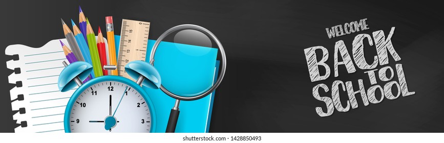 School banner with green chalkboard background and study supplies. Free space for text. vector illustration.