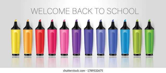 School banner or header. Colorful highlighters on white background. 3d realistic illustration. 