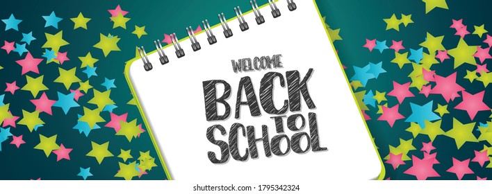 School banner or header. Colorful stars on blue background with lettering. Realistic 3d vector illustration.