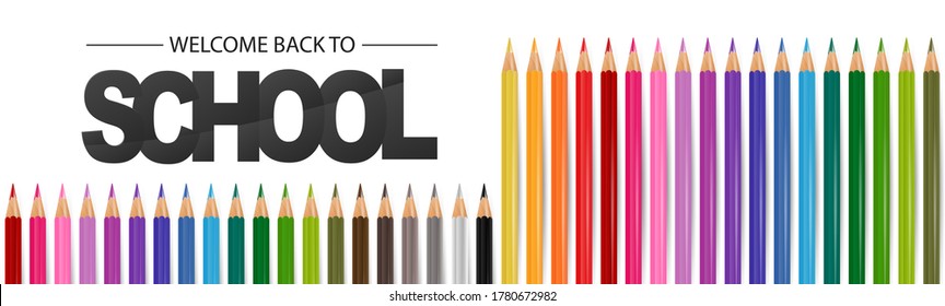 School banner or header. Coloring pencils on white background. 3d realistic illustration. 