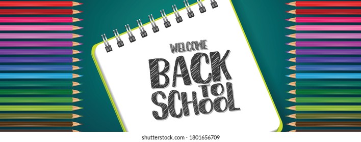 School banner or header. Coloring pencils on blue background with lettering. Realistic 3d vector illustration.