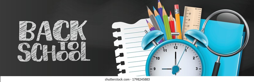 School banner or header. Education design concept with college stationery supplies for students and teachers on black chalkboard background. Realistic 3d vector illustration.