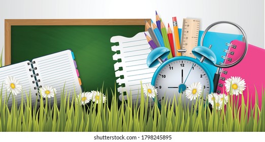 School banner or header. Education design concept with college stationery supplies for students and teachers behind green grass. Realistic 3d vector illustration.