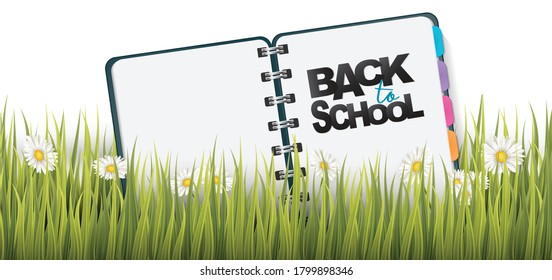 Banner o cabecera escolar. Concepto de diseño educativo con un cuaderno en espiral detrás del césped verde. Ilustración vectorial 3d realista.