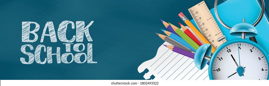 School banner or header. Education design concept with college stationery supplies for students and teachers on blue chalkboard background. Realistic 3d vector illustration.