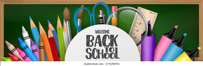 School Banner Or Header. Education Stationery Supplies For Students And Teachers On Green Chalkboard Background. 3d Realistic Illustration. 