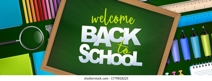 School Banner Or Header. Education Stationery Supplies For Students And Teachers On Green Chalkboard Background. 3d Realistic Illustration. 