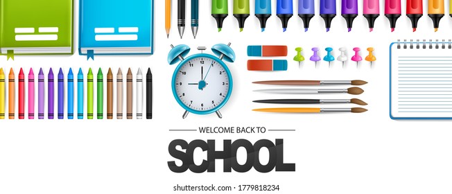 School banner or header. Education stationery supplies for students and teachers on white background. 3d realistic illustration. 