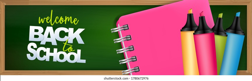 School Banner Or Header. Education Stationery Supplies For Students And Teachers On Green Chalkboard Background. 3d Realistic Illustration. 