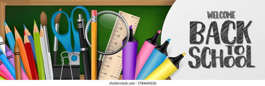 School Banner Or Header. Education Stationery Supplies For Students And Teachers On Green Chalkboard Background. 3d Realistic Illustration. 