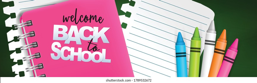 School Banner Or Header. Education Stationery Supplies For Students And Teachers On Green Chalkboard Background. 3d Realistic Illustration. 