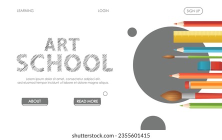 School banner. Illustration-filled banner, showcasing art school essence, set against a fresh white background for a vibrant contrast with colorful supplies. Vector illustration.