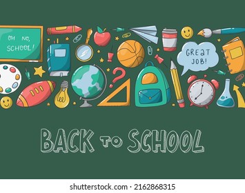 school banner with lettering quote 'Back to school' and colorful border of doodles. Good for templates, posters, prints, invitations, cards, signs, etc. EPS 10