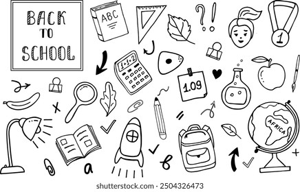 A school banner with painted objects, doodles about studying. School supplies, stationery, hand-drawn. Back to School banner, poster.