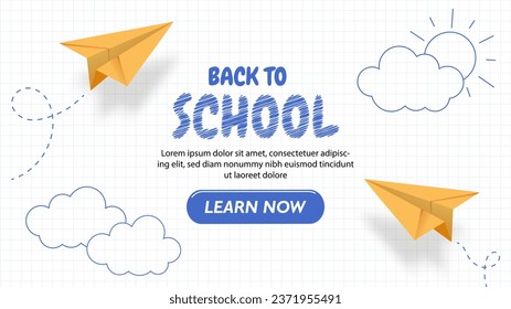 School banner with paper planes concept. Bavk to school, 1 September. Landing page design. International day of knowledge. Education and training, learning. Cartoon flat vector illustration