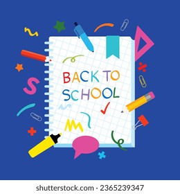 Cartel escolar. Frase De vuelta a la escuela en cuadernos, suministros escolares alrededor: lapiceros, lápices, clips, garabatos, garabatos. Ilustración multicolor para un afiche, anuncio, cartel. Ilustración del vector