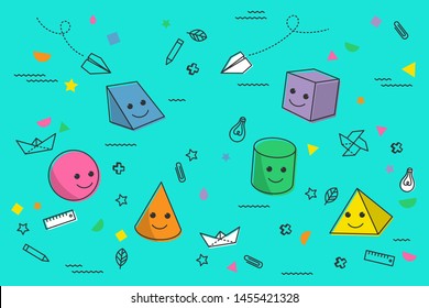 School banner, poster with funny volume figures and student supplies. Education, learning background
