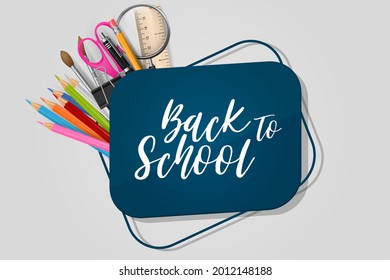 School banner. Realistic 3d study supplies. Education concept. Vector illustration.