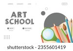 School banner. Banner representing an art school with a whimsical cartoon design on a clean white background with all kinds of stationery. Vector illustration.