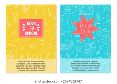 School banner set with pattern of stationery, educational supplies for sale. Back to school text. Flyers templates with various school objects. Hand drawn colors backgrounds 