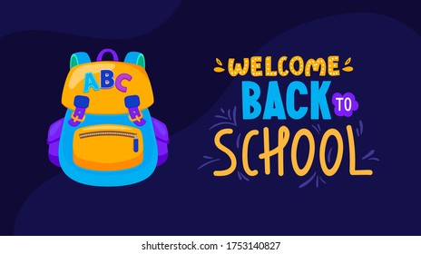 Cartel escolar con mochila para estudiantes y texto. Diseño de fondo vectorial para productos de bienvenida y publicidad.