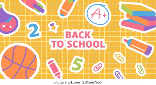 School banner with supplies. Back to school horizontal banner. Supplies is drawn on sheet of notebook paper in grid. Vector illustration
