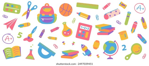 School banner with supplies. Big set of school supplies and education stickers. Education, science concept. Backpack, Basketball, Crayons, Globe, Scissors, Paints, Pen, Ruler, Calculator, Books