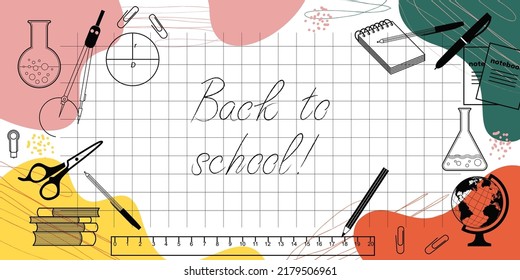 school banner or template with colorful abstract spots and lines, with icons of school stationery. abstract banner with the inscription back to school. stock vector illustration. EPS 10.