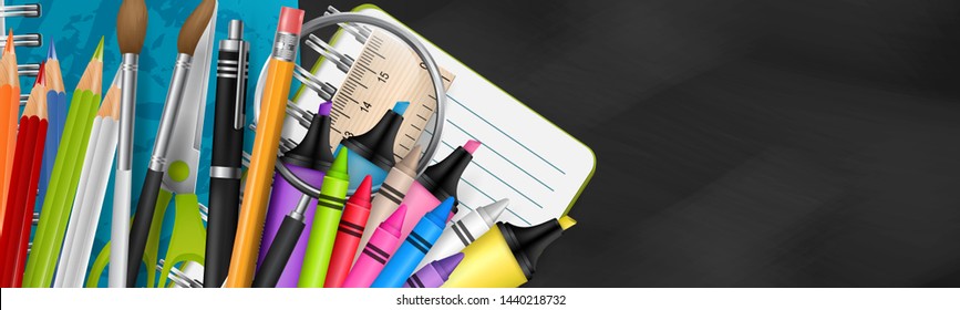 School banner with a textured blackboard background. Header with supplies for education - notebook, marker, pen, pencil, crayon, ruler, magnifier. Realistic vector illustration.