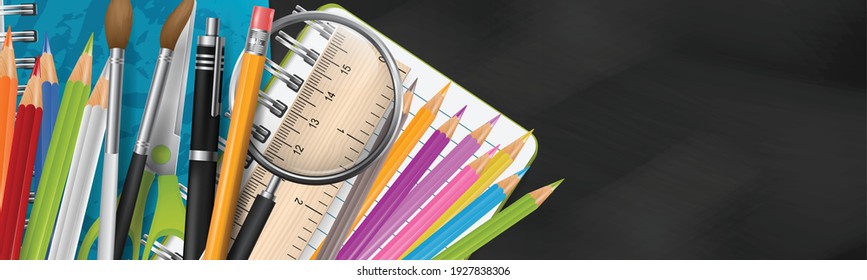 School banner with a textured blackboard background. Header with supplies for education - notebook, marker, pen, pencil, crayon, ruler, magnifier. Realistic vector illustration.