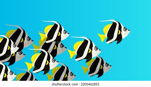 School of Bannerfish or Pennant coralfish swims in ocean. Shoal of fish swimming under water of sea. Coral reef dweller.