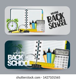 School banners with 3d vector realistic suplies.